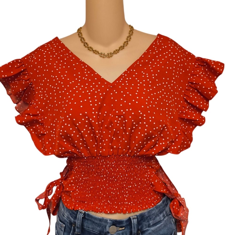 Lyaner Red Polka Dot Ruffle Crop Top – Size Small